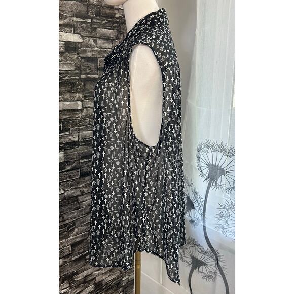 FUN & FLIRT Semi-Sheer Blouse Black W/ White Crosses Religious Punk Grunge Goth - Picture 4 of 8